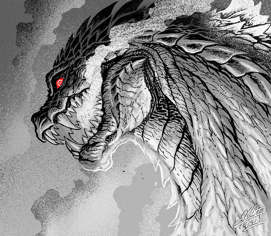 Godzilla Ultima Ink Illustration with Red Eye and Scaly Texture HD wallpaper