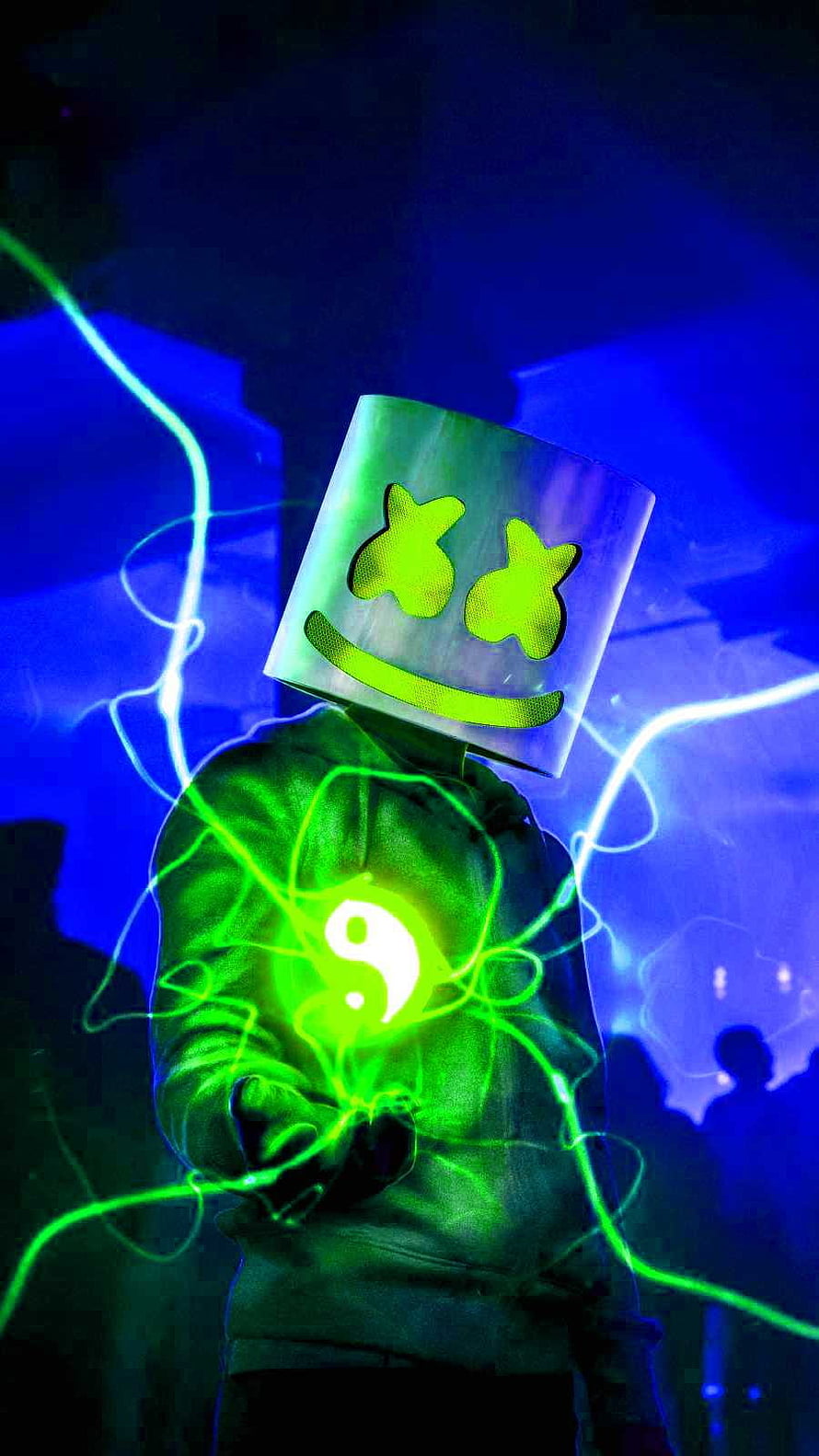 Marshmallow EDM Artist Wearing Iconic Mask with Glowing Green Energy and Yin Yang Symbol HD phone wallpaper