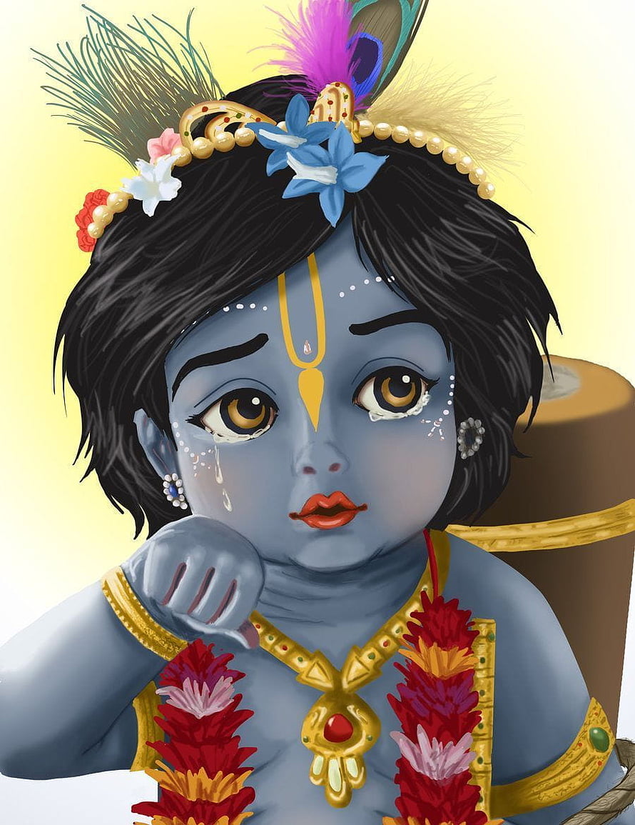 Crying Baby Krishna Digital Illustration with Peacock Feather Crown and Floral Garland HD phone wallpaper