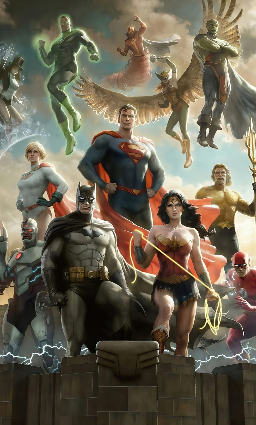 Justice League of America Heroes Assembled on Stone Pedestal with Dramatic Sky HD phone wallpaper