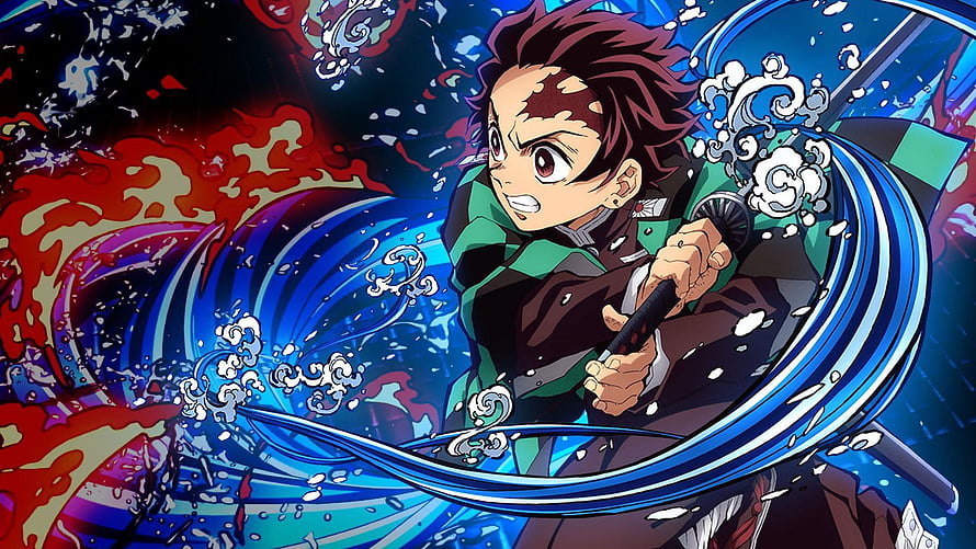 Tanjiro Kamado Wielding Water Breathing Sword in Demon Slayer Anime Action Scene HD wallpaper