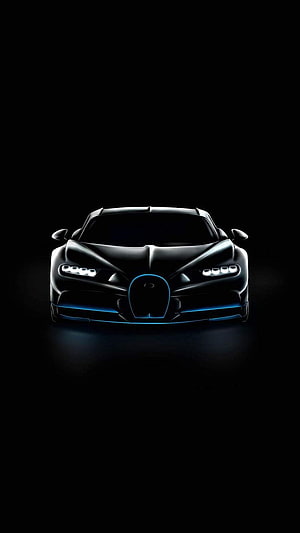 Bugatti Chiron Black Edition Front View with Blue Accent Lighting on Dark Background HD phone wallpaper