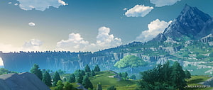 Genshin Impact Teyvat Landscape with Cliffside and Mountain Peaks HD wallpaper