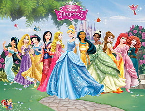 Disney Princesses Group Portrait in Sparkling Gowns with Castle Background HD wallpaper