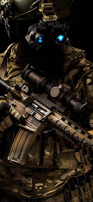 Special Forces Operator in Night Vision Goggles Holding Tactical Assault Rifle HD phone wallpaper