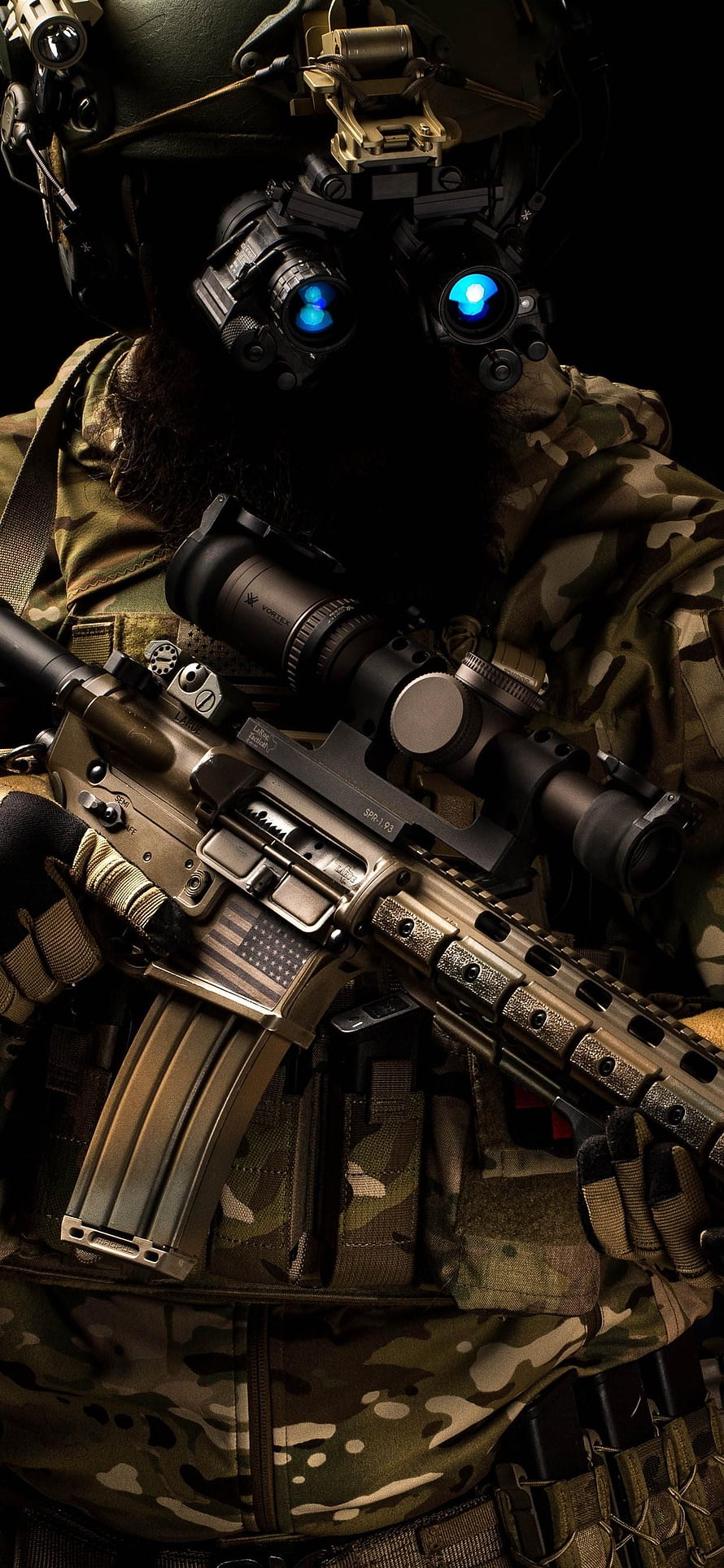 Special Forces Operator in Night Vision Goggles Holding Tactical Assault Rifle HD phone wallpaper