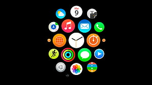 Colorful Smartwatch Interface with App Icons on Black Background HD wallpaper