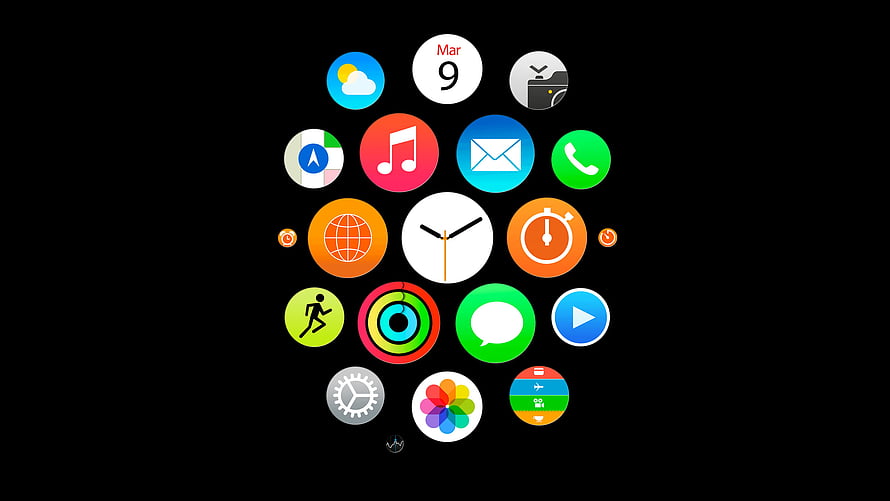 Colorful Smartwatch Interface with App Icons on Black Background HD wallpaper