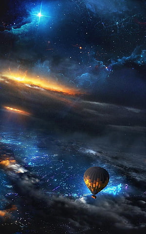 Hot Air Balloon Floating Above City Lights Under Starry Night Sky HD phone wallpaper