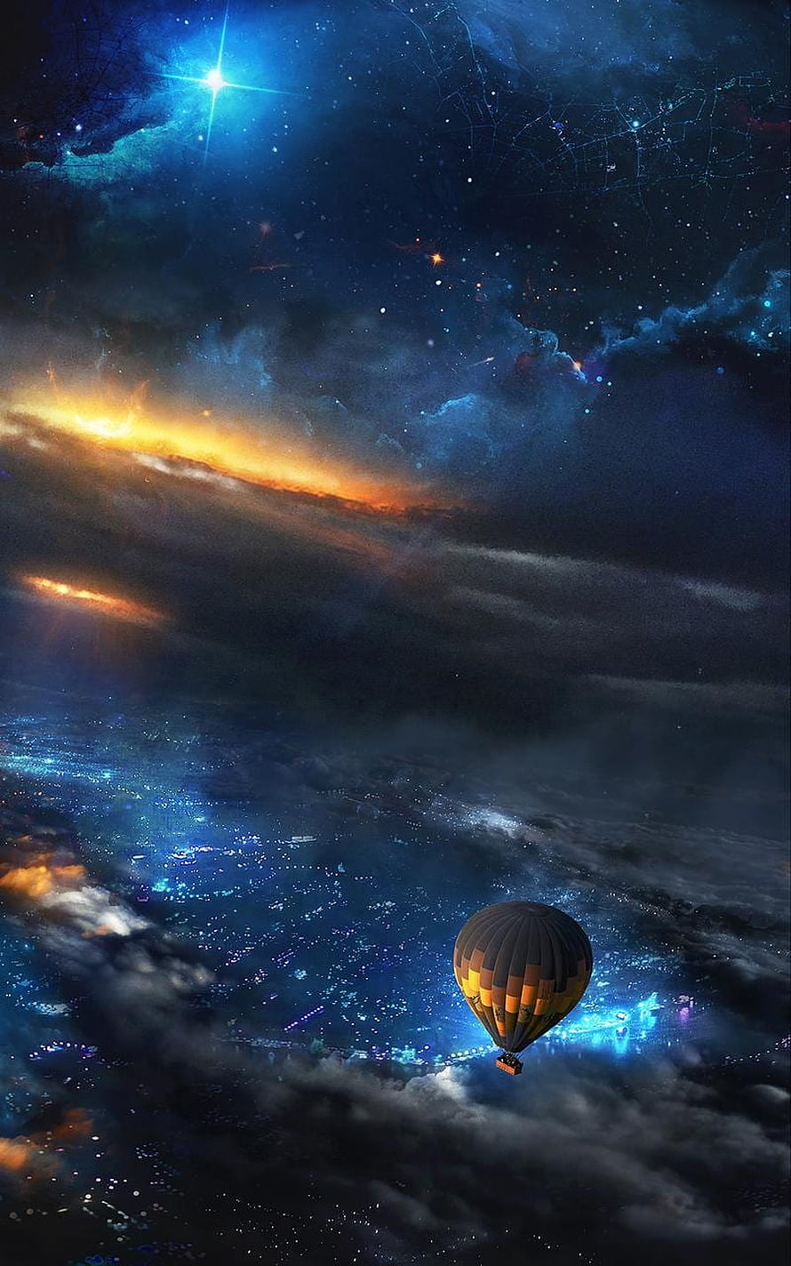 Hot Air Balloon Floating Above City Lights Under Starry Night Sky HD phone wallpaper
