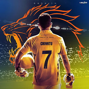 MS Dhoni in Chennai Super Kings Jersey with Tiger Graphic and Cricket Ball HD phone wallpaper