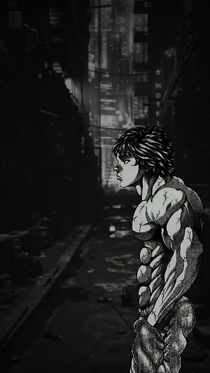 Baki Hanma in a Dark Urban Alley, Black and White Manga Illustration HD phone wallpaper