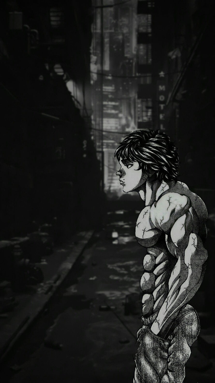 Baki Hanma in a Dark Urban Alley, Black and White Manga Illustration HD phone wallpaper
