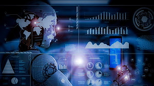 Artificial Intelligence Robot Head with Global Data Visualization and Analytics Dashboard HD wallpaper
