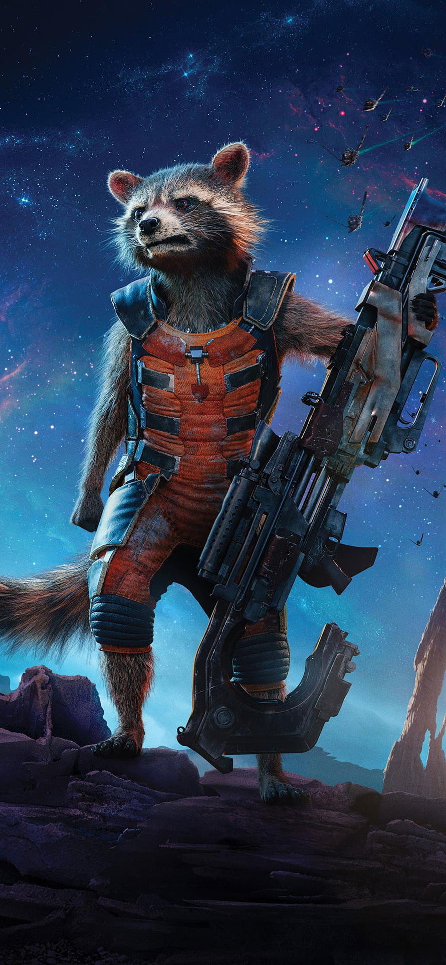 Rocket Raccoon from Guardians of the Galaxy holding a large weapon on an alien planet HD phone wallpaper