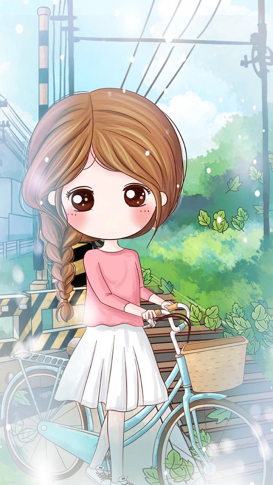 Cute Anime Girl Riding Blue Bicycle With Basket In Spring Park HD phone wallpaper