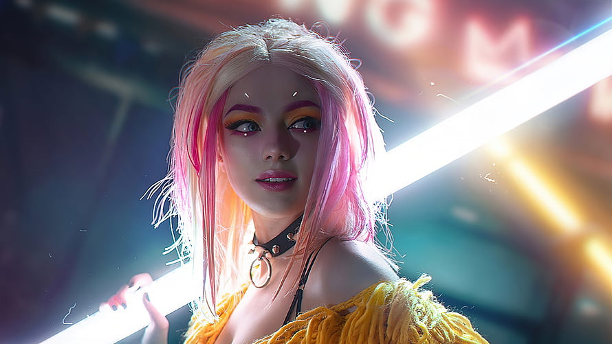 Pink and Blonde Hair Girl Holding Glowing Light Tube with Yellow Fringe Top HD wallpaper