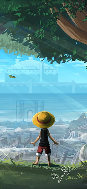 Monkey D. Luffy Looking at Marineford Ruins Under a Tree HD phone wallpaper