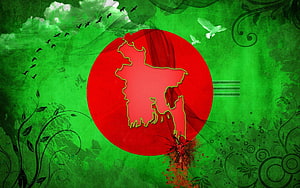 Stylized Bangladesh Map on Red Circle with Green Floral Background HD wallpaper