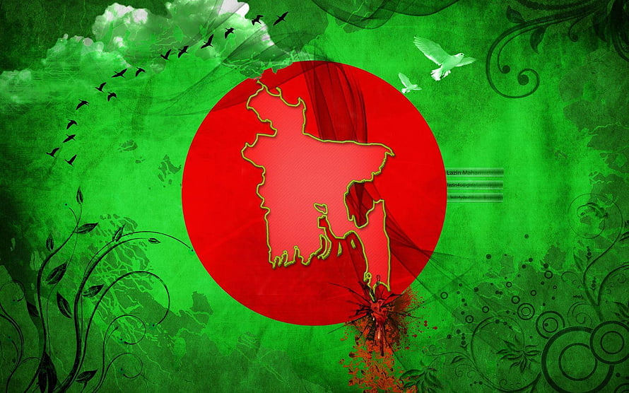 Stylized Bangladesh Map on Red Circle with Green Floral Background HD wallpaper