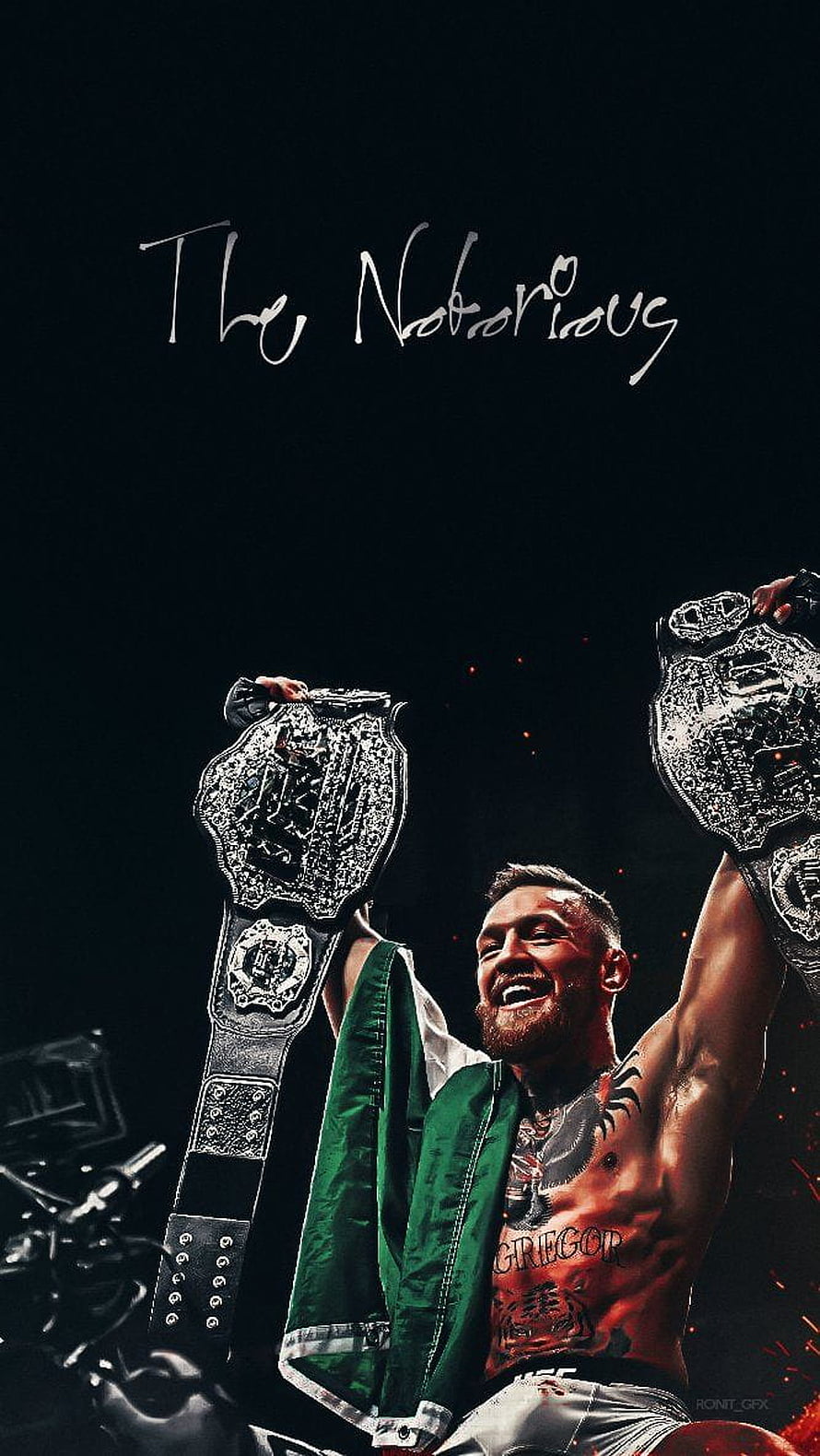 Conor McGregor holding UFC championship belts with Irish flag draped over shoulder HD phone wallpaper