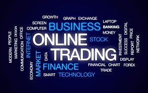 Online Trading Word Cloud Concept with Finance and Business Terms on Dark Blue Background HD wallpaper