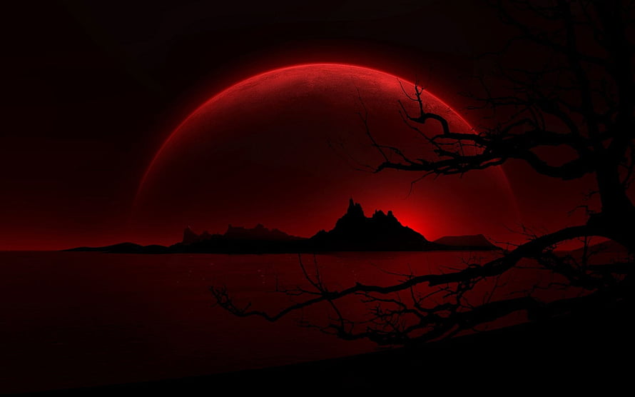 Eerie Red Moon Over Silhouette Castle And Dead Tree HD wallpaper