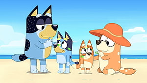 Bluey Heeler Family Painting Each Other on a Sunny Beach HD wallpaper