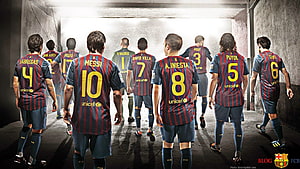 FC Barcelona Squad Walking Through Tunnel in Classic Striped Kits HD wallpaper