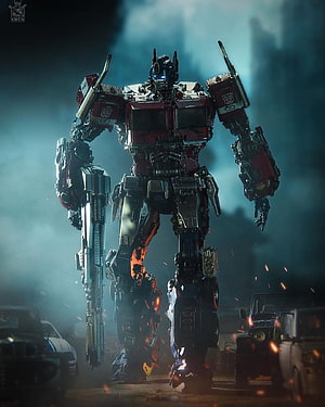 Optimus Prime Standing Tall Amidst Smoke and Sparks in Cinematic Action Scene HD phone wallpaper