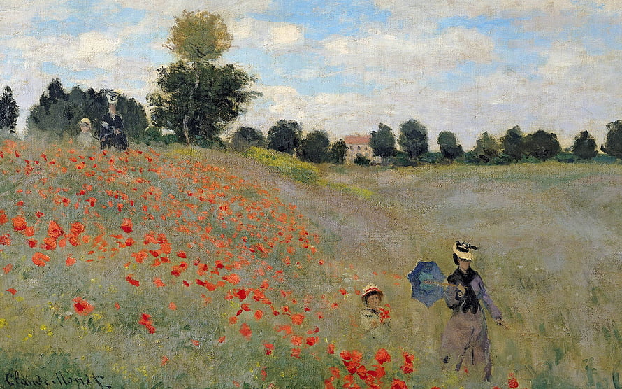 Claude Monet Poppy Field Painting with Figures and Parasol in Impressionist Landscape HD wallpaper