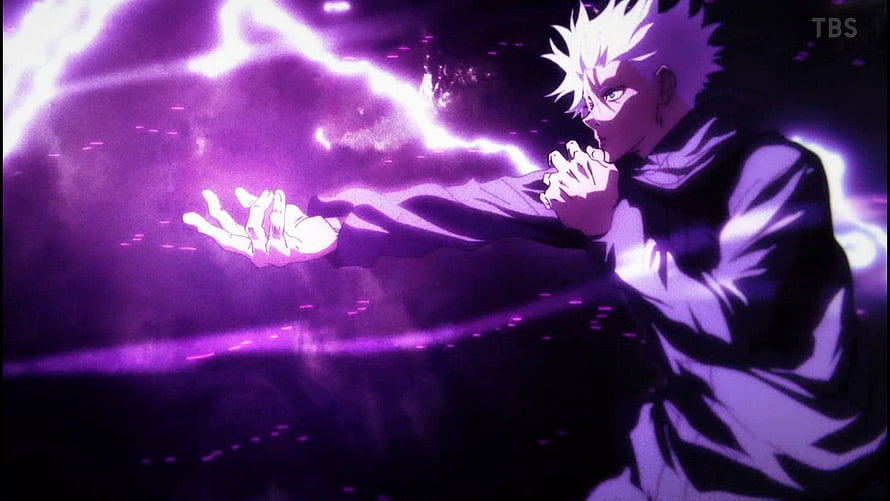 Gojo Satoru Channeling Purple Energy in Jujutsu Kaisen Anime Scene HD wallpaper