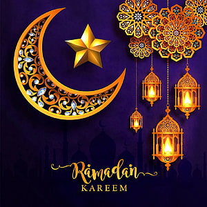 Ramadan Kareem greeting card with golden crescent moon, star, and hanging lanterns on purple background HD phone wallpaper
