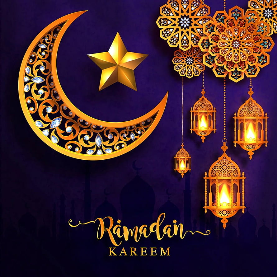 Ramadan Kareem greeting card with golden crescent moon, star, and hanging lanterns on purple background HD phone wallpaper