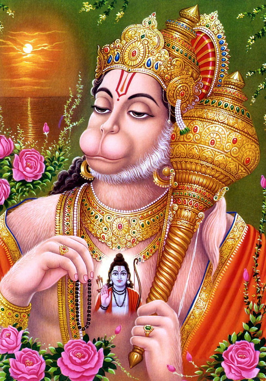 Lord Hanuman Holding Mace and Ram Yantra with Golden Crown and Jewelry, God anjaneya swamy, hanuman ji HD phone wallpaper