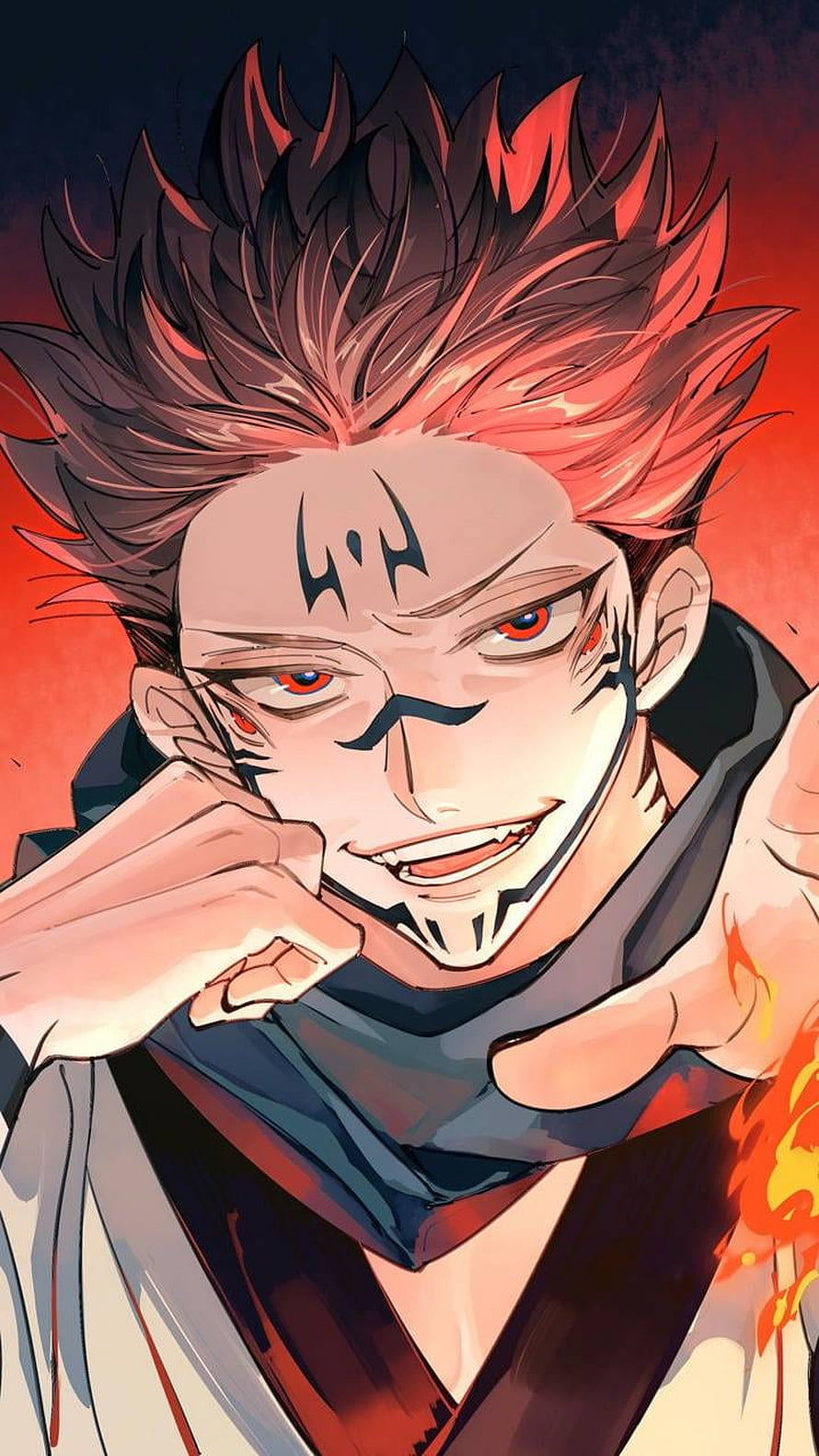 Kekki Genji from Demon Slayer anime character portrait with red hair and flame effects HD phone wallpaper