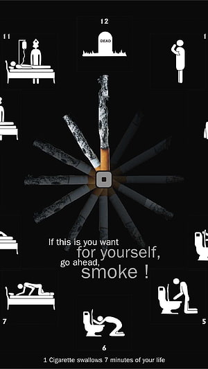 Anti-Smoking Infographic Clock With Cigarettes And Health Warning Icons HD phone wallpaper