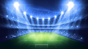 Illuminated Soccer Stadium at Night with Bright Floodlights and Green Pitch HD wallpaper
