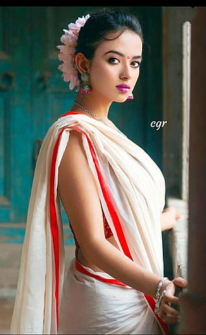 Elegant Woman in White Saree with Red Border and Floral Hairpiece, Pin on Beautiful girls, saree girl HD phone wallpaper