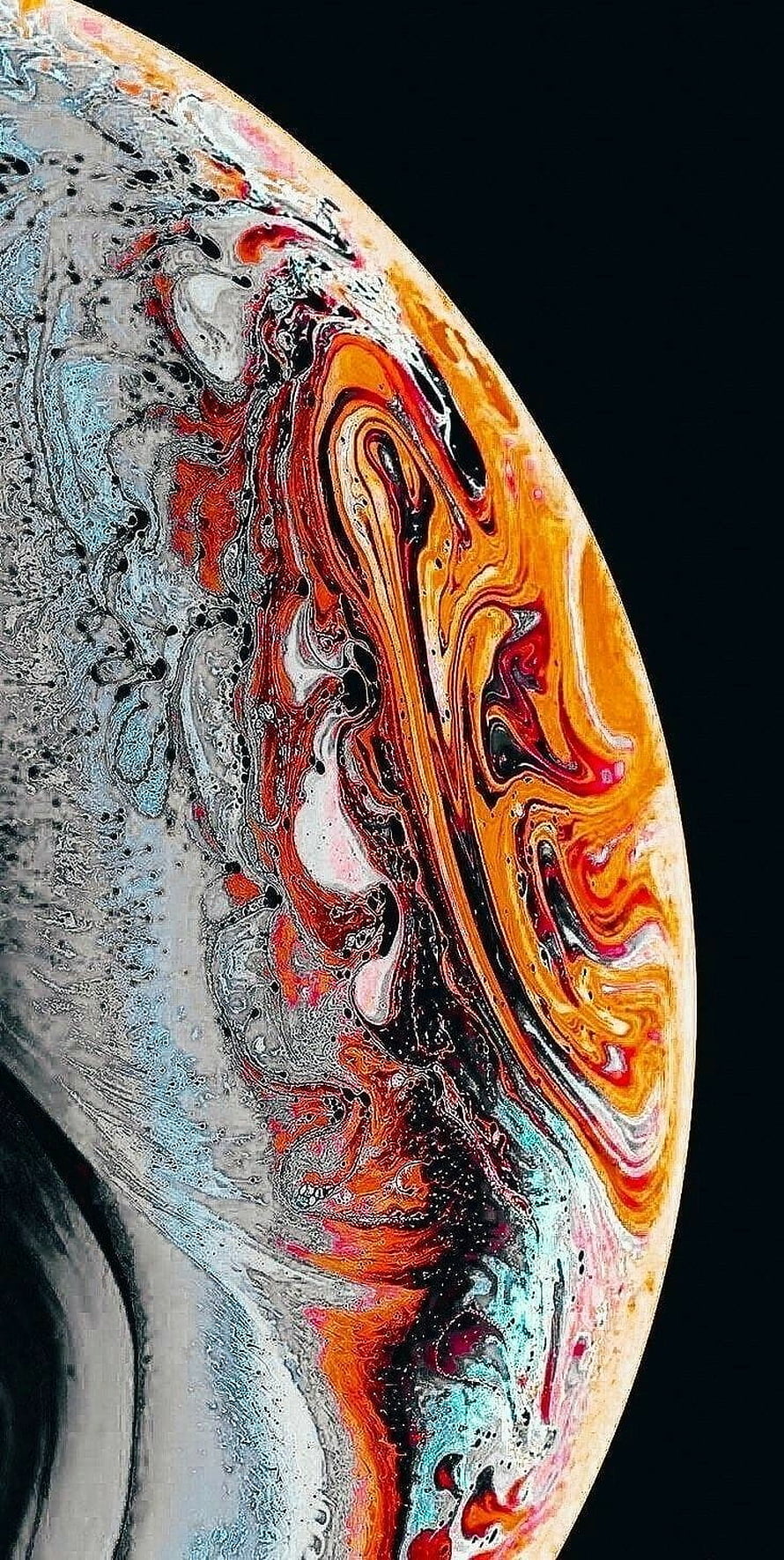 Vibrant Fluid Art Sphere with Swirling Orange and Blue Paint on Black Background HD phone wallpaper