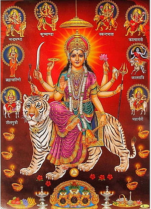 Navdurga Temple Artwork Featuring Durga Riding a Tiger with Nine Forms and Diyas HD phone wallpaper