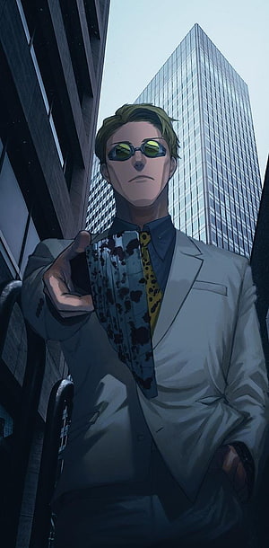 Kento Nanami in a white suit holding a blood-stained card with green sunglasses in a city HD phone wallpaper