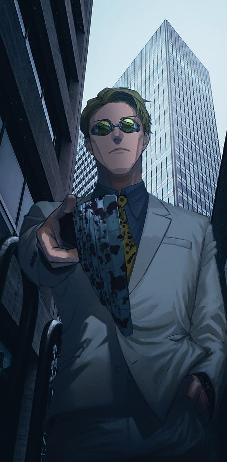 Kento Nanami in a white suit holding a blood-stained card with green sunglasses in a city HD phone wallpaper