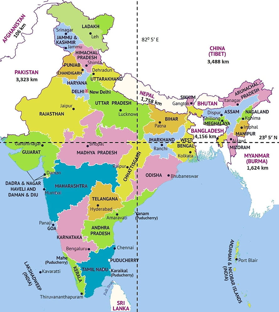Detailed Political Map of India Showing States, Capitals, and Neighboring Countries with Border Distances HD phone wallpaper