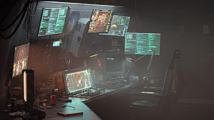 Moody Hacker Room with Multiple Monitors and Glowing Green Code Displays HD wallpaper