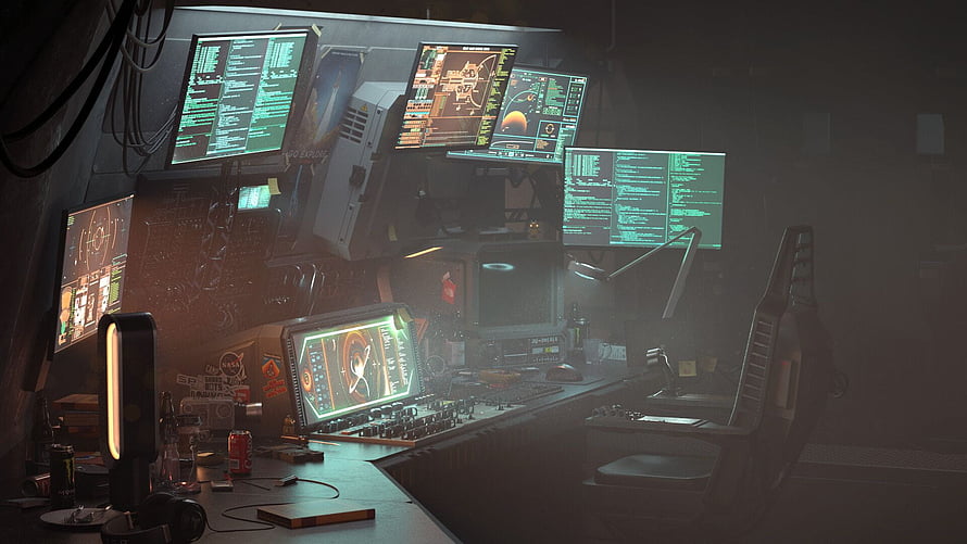 Moody Hacker Room with Multiple Monitors and Glowing Green Code Displays HD wallpaper
