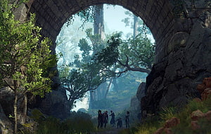 Baldur's Gate III Adventurers Emerging From Ancient Stone Arch Into Misty Forest HD wallpaper