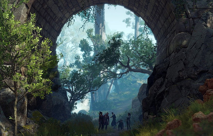 Baldur's Gate III Adventurers Emerging From Ancient Stone Arch Into Misty Forest HD wallpaper