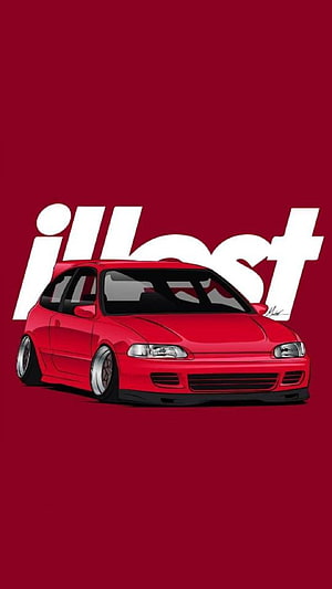 Red Honda Civic EK9 Stance Illustration with White Typography on Crimson Background HD phone wallpaper