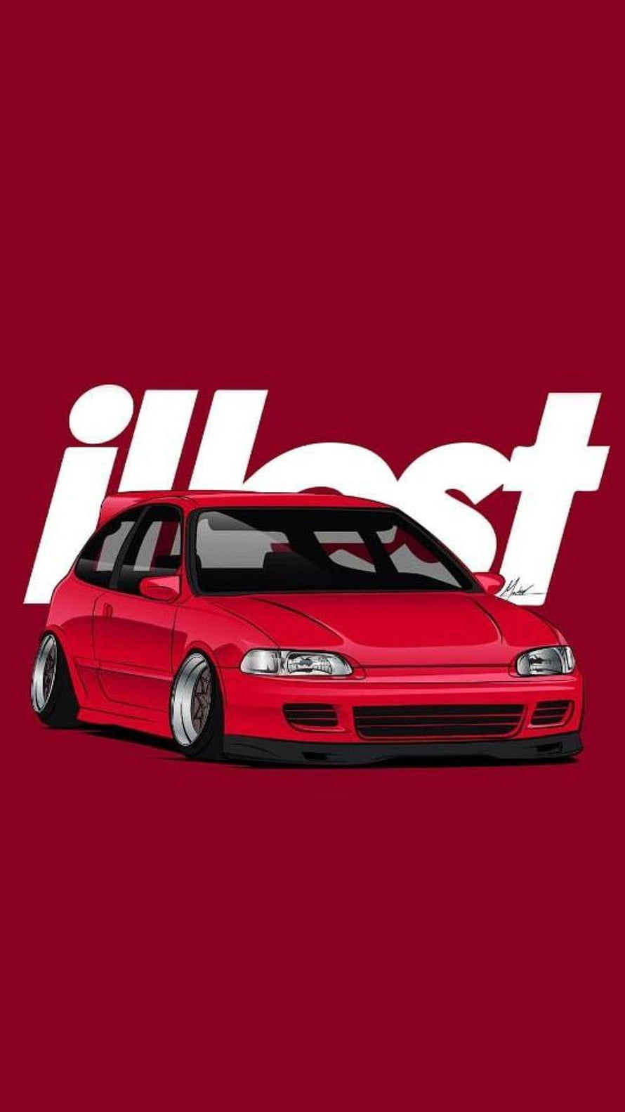 Red Honda Civic EK9 Stance Illustration with White Typography on Crimson Background HD phone wallpaper